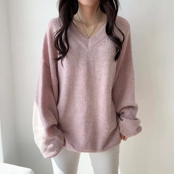 V-Neck Drop-Shoulder Plain Sweater Product Image