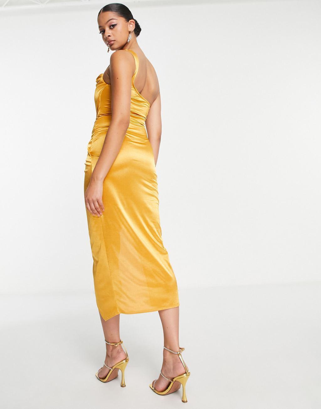 ASOS DESIGN Tall one shoulder satin drape corset detail midi dress in gold Product Image