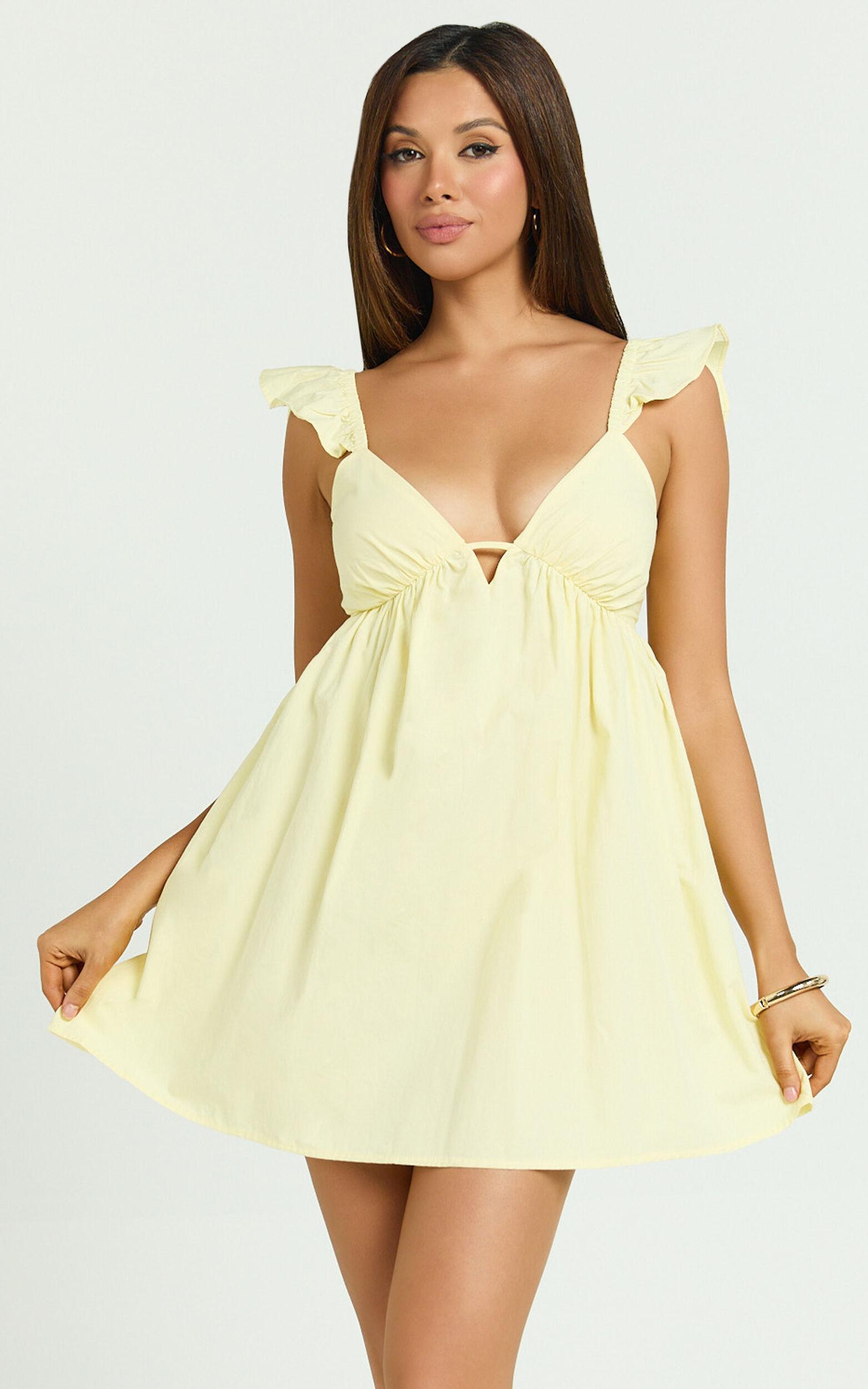 Maisy Mini Dress - Ruffle Sleeve V Neck Dress in Yellow Product Image