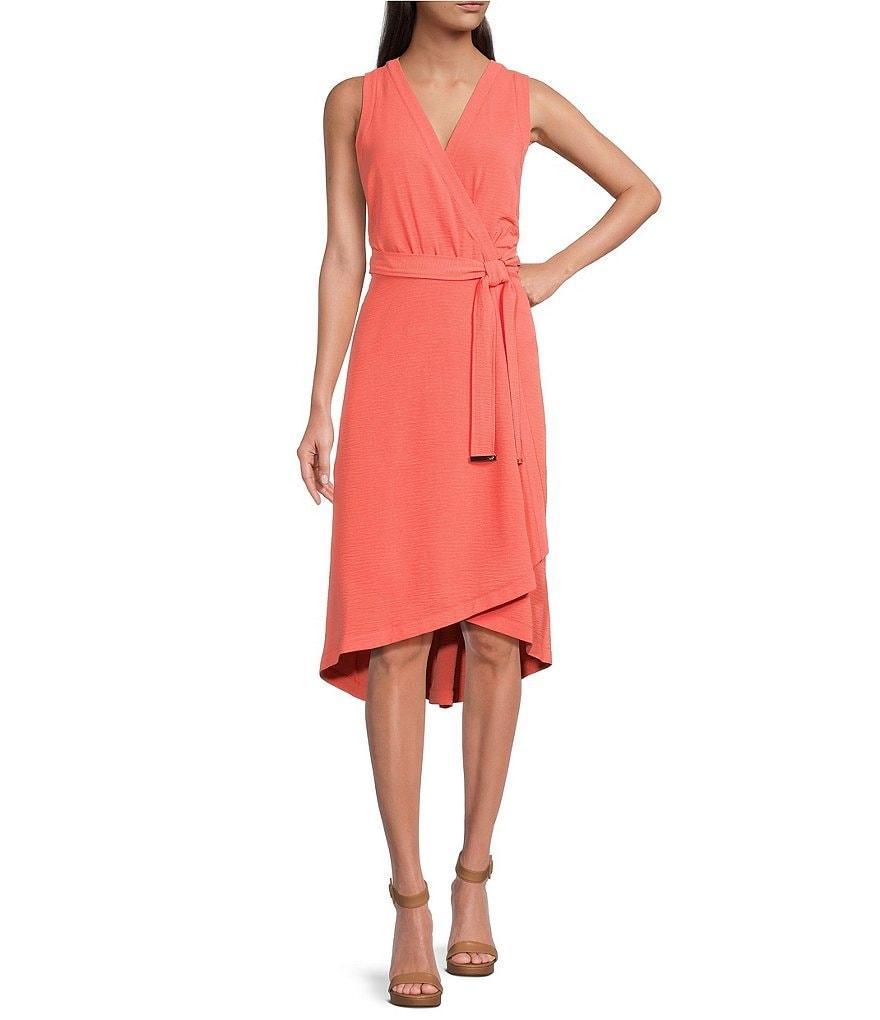 DKNY Surplice V-Neck Sleeveless Faux Wrap Midi Dress Product Image