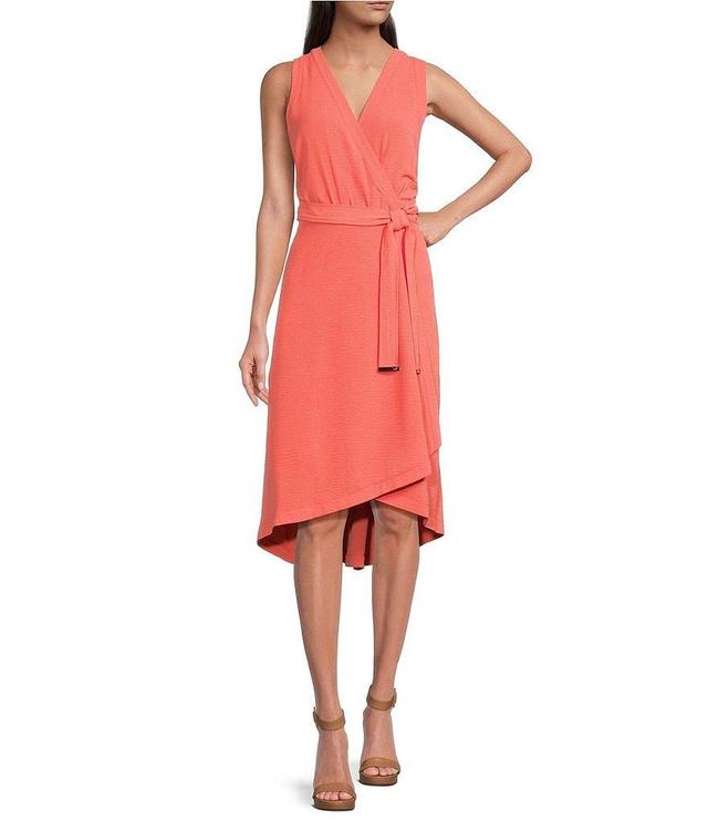 DKNY by Donna Karan Surplice V-Neck Sleeveless Faux Wrap Midi Dress Product Image