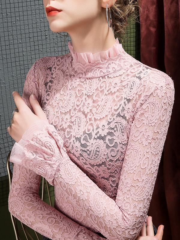 Flared Sleeves Long Sleeves See-Through Solid Color Split-Joint Mock Neck T-Shirts Tops Product Image