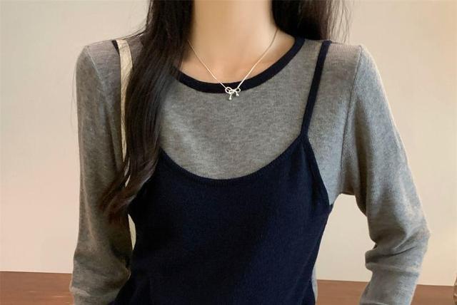 Long Sleeve Round Neck Mock Two Piece Knit Top Product Image