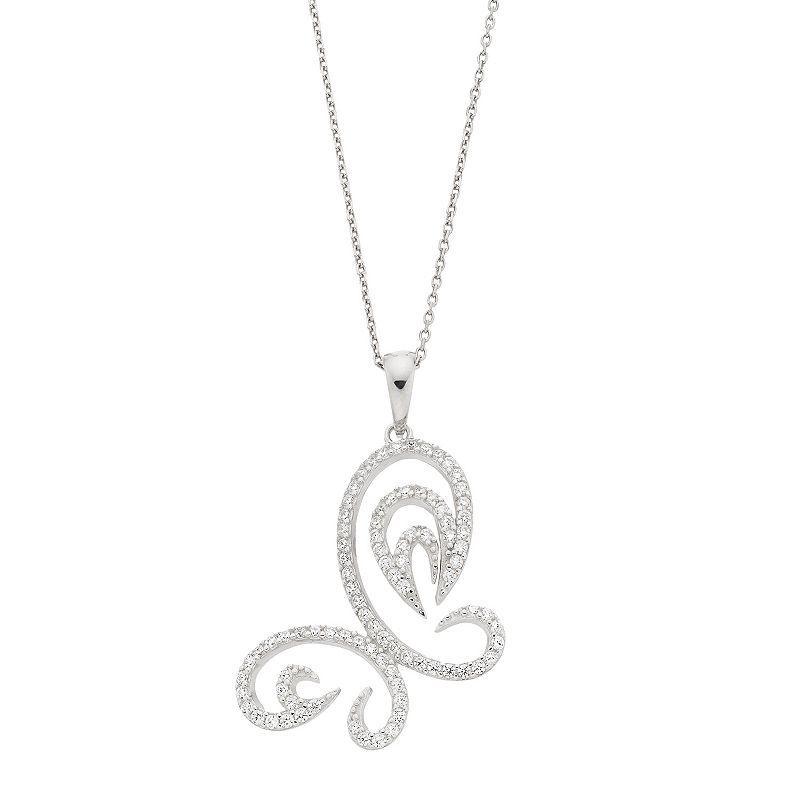 Sterling Silver Cubic Zirconia Butterfly Pendant Necklace, Womens White Product Image