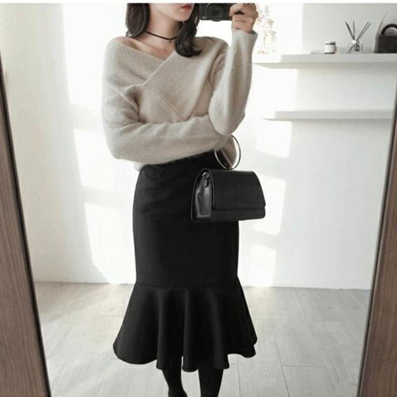 Off-Shoulder Long-Sleeve Plain Sweater product image