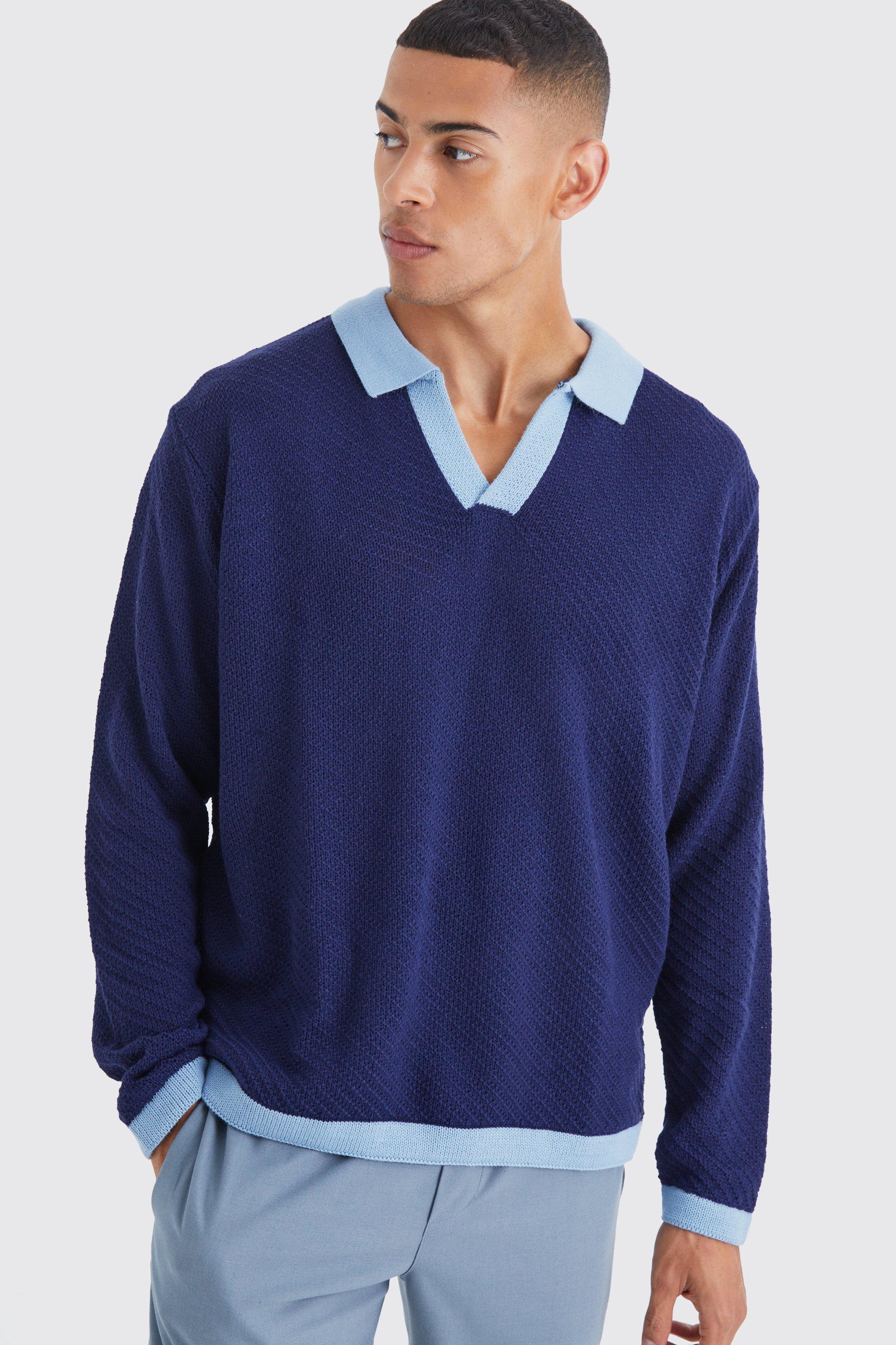 Long Sleeved Oversized Contrast Collar Knitted Polo | boohooMAN USA Product Image