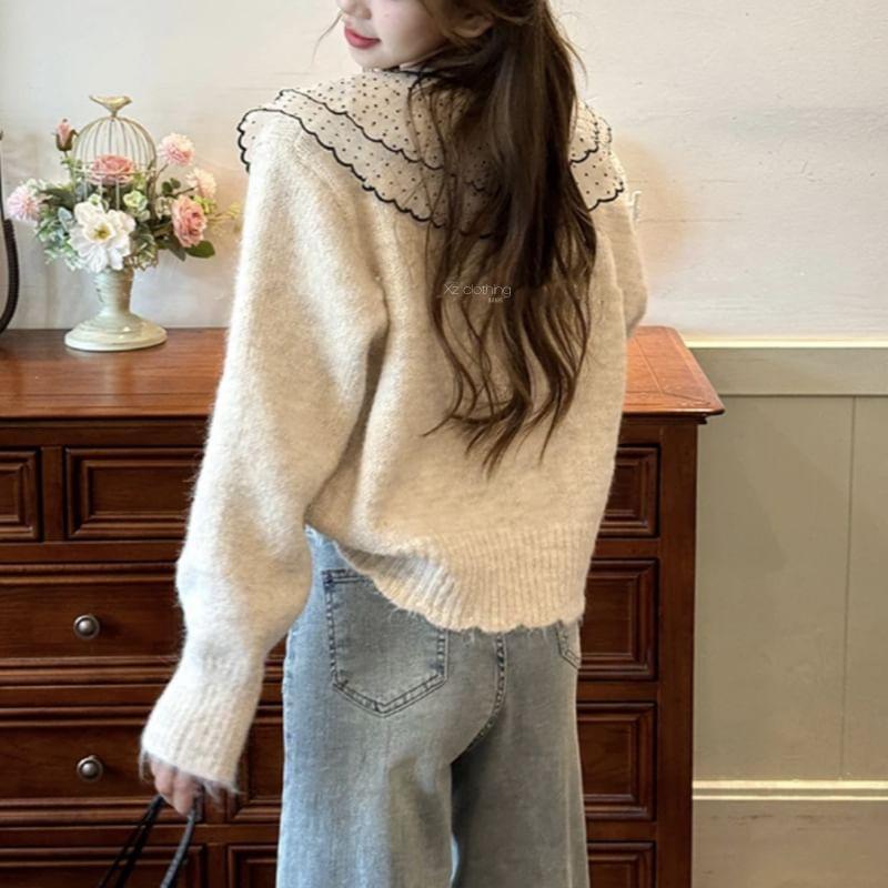 Long Sleeve Doll Collar Bow Accent Loose-Fit Cardigan Product Image