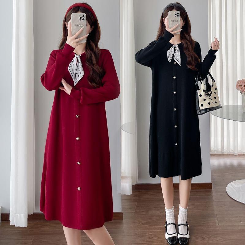 Maternity Long-Sleeve Round Neck Plain Button A-Line Dress Product Image