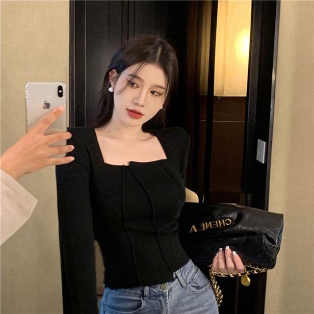 Long Sleeve Square Neck Plain Knit Crop Top Product Image