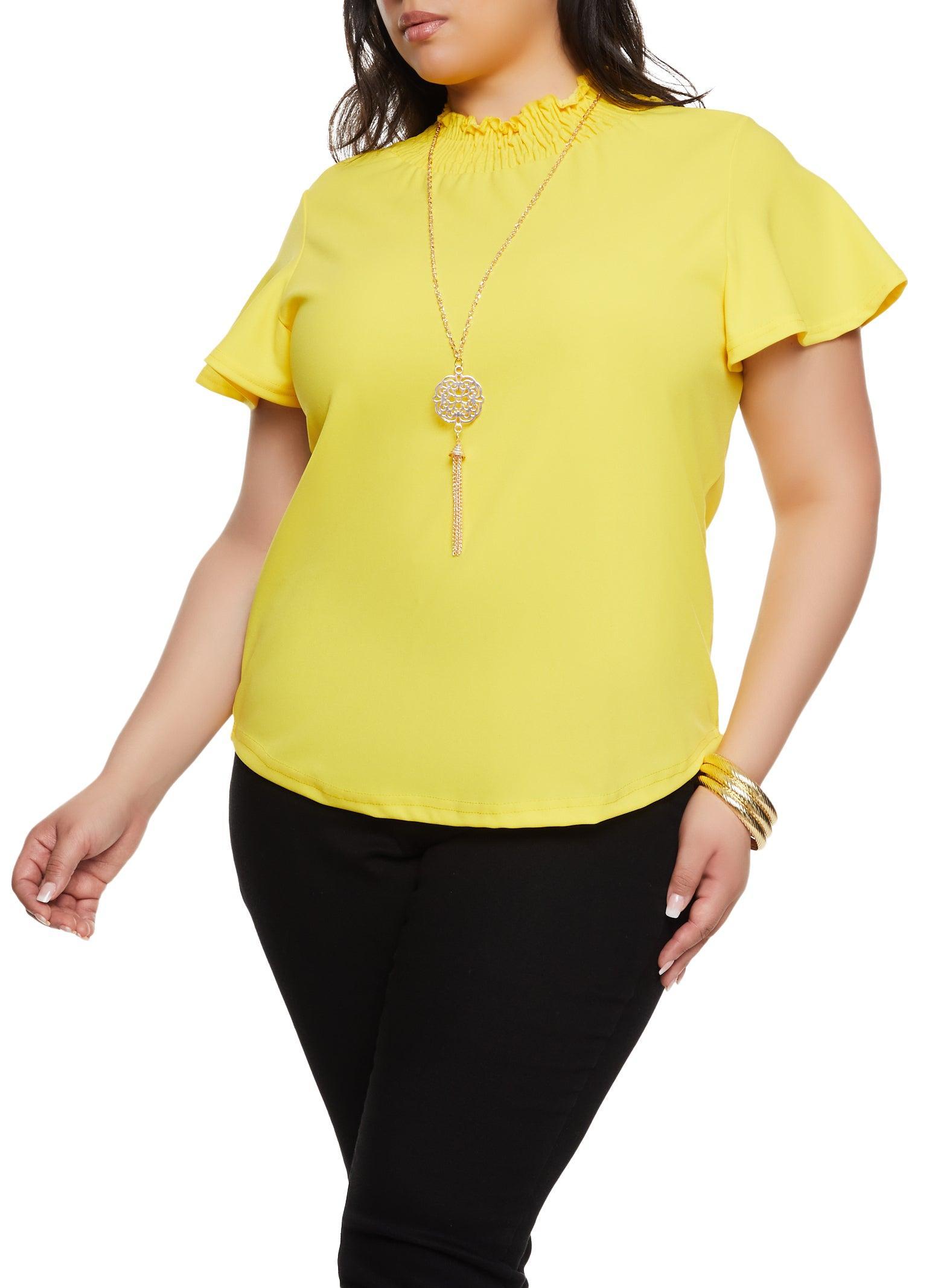 Womens Plus Size Smocked Neck Blouse with Necklace Product Image