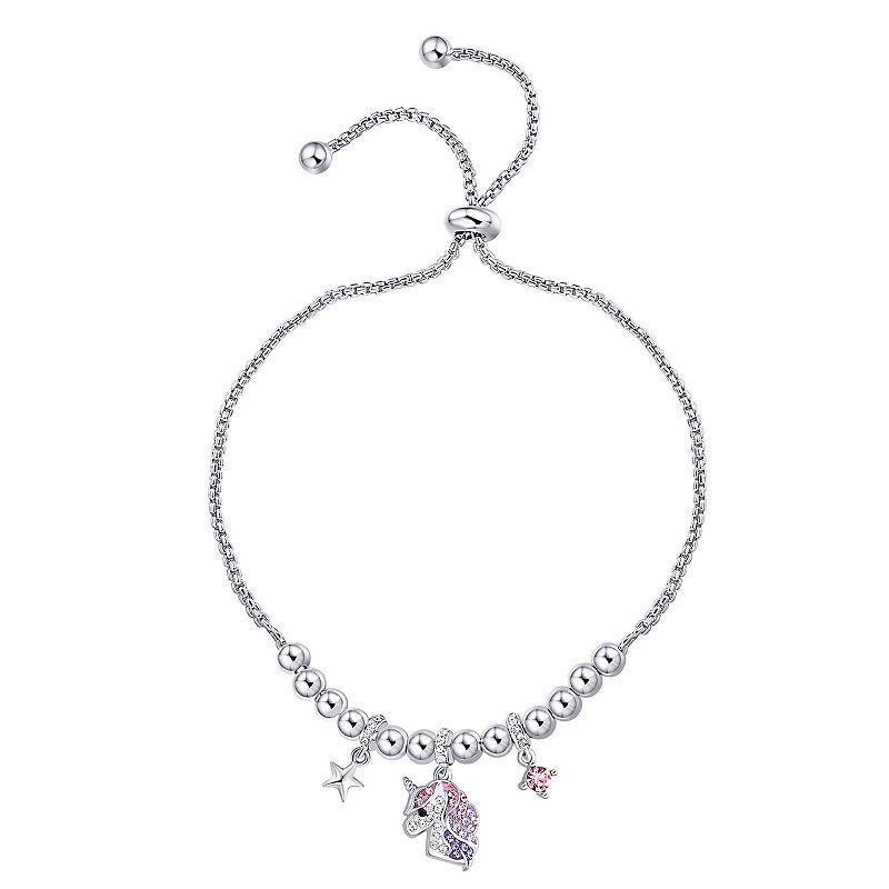 Crystal Collective Fine Silver Plated Pink Crystal Multi Charm Unicorn Adjustable Bracelet, Womens Product Image