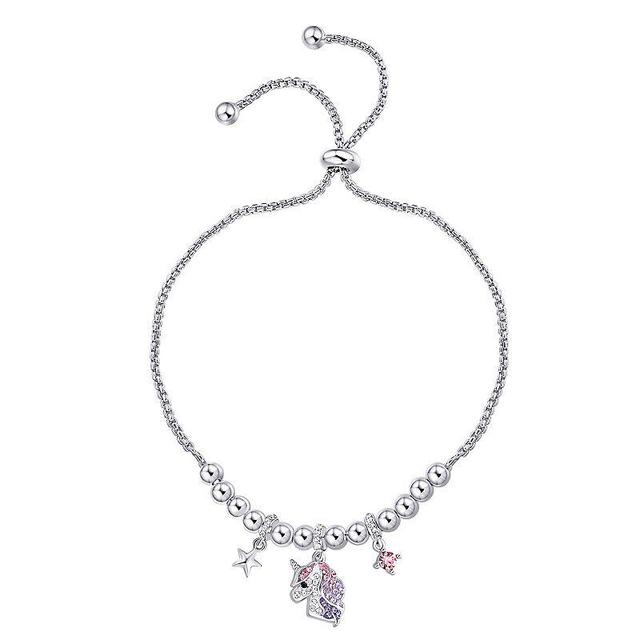 Crystal Collective Fine Silver Plated Pink Crystal Multi Charm Unicorn Adjustable Bracelet, Womens Product Image