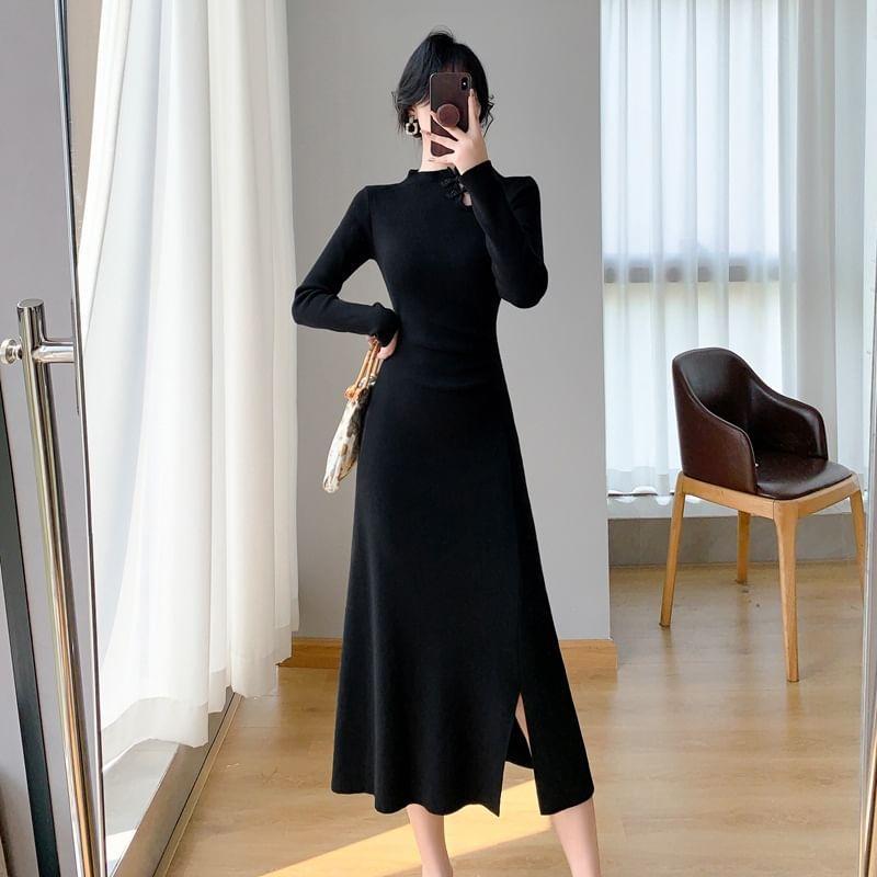 Long-Sleeve Stand Collar Plain Ruched Frog Buttoned Slit Midi A-Line Knit Dress Product Image