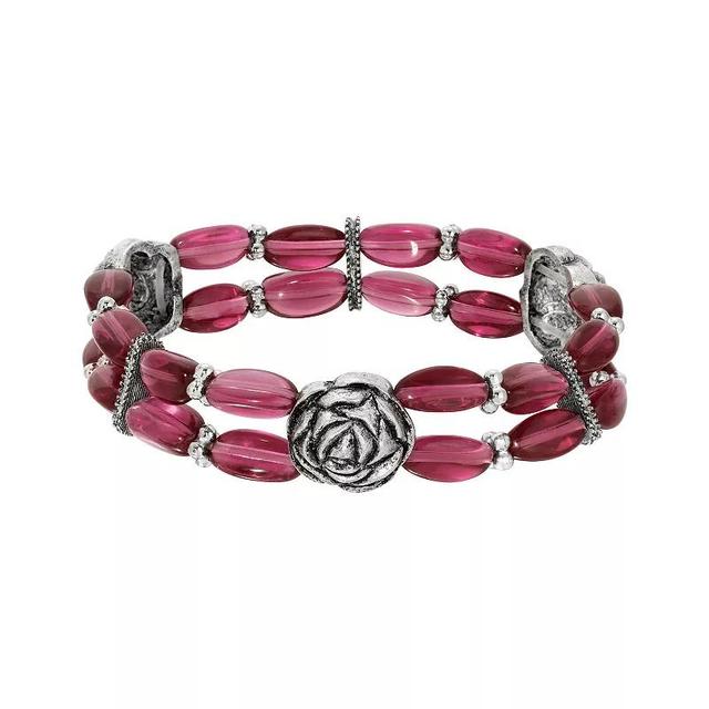 1928 Silver Tone Pewter Rose Purple Bead Stretch Bracelet, Womens Product Image