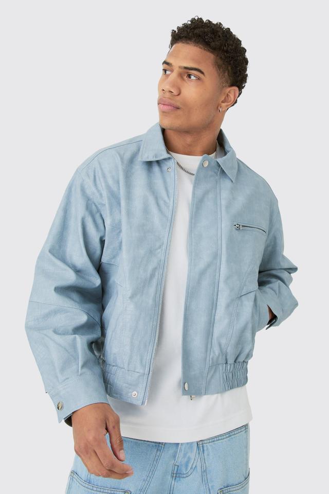 Boxy Textured PU Bomber In Blue | boohooMAN USA Product Image