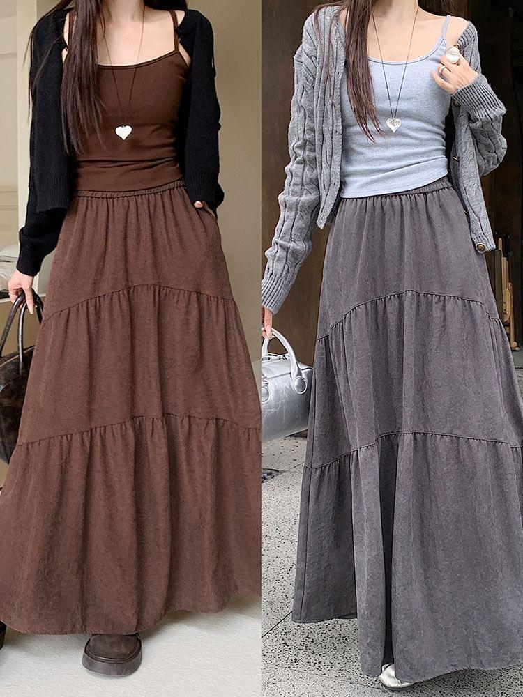 High Rise Plain Ruched Maxi A-Line Skirt Product Image