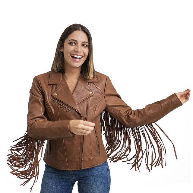 Womens Whet Blu Daisy Fringed Asymmetrical Moto Leather Jacket Brown Product Image