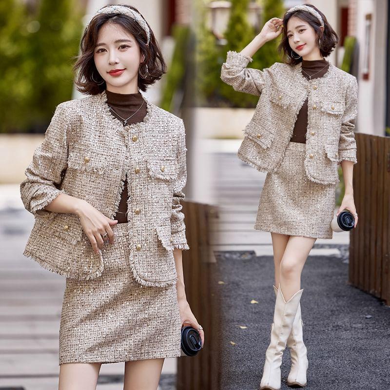 Set: Round Neck Fringed Sequin Button Jacket + Elastic Waist Mini A-Line Skirt Product Image