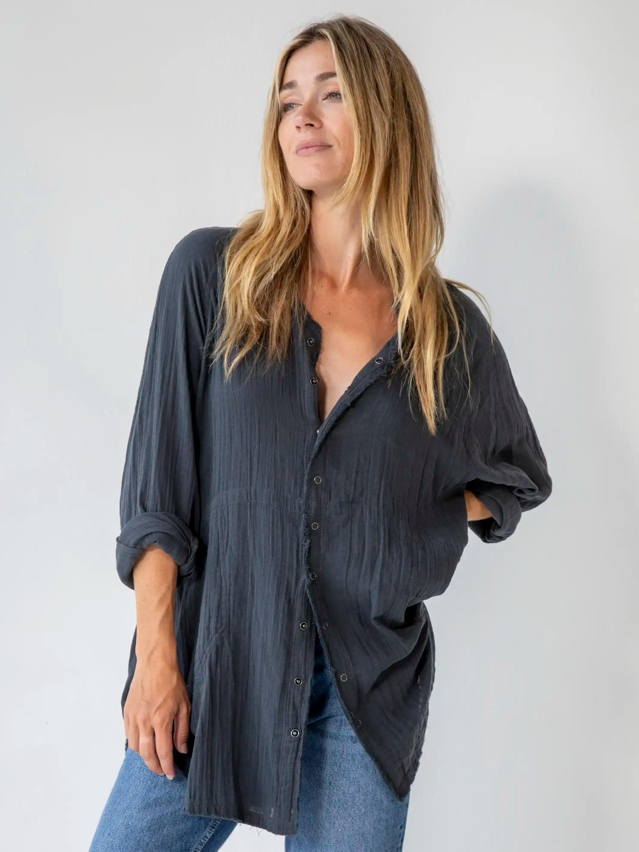 Laid Back Cotton Button Down Top - Charcoal product image