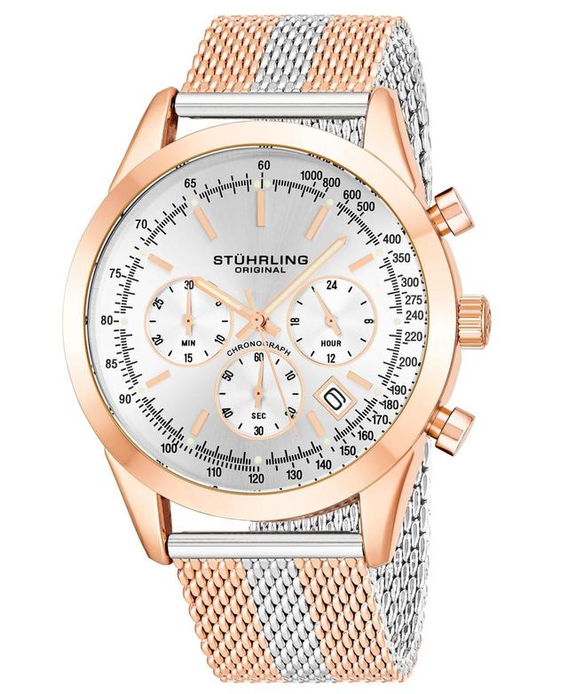 Mens Quartz Chronograph Date Rose Gold-Tone and Silver-Tone Stainless Steel Mesh Bracelet Watch 44mm - White Product Image