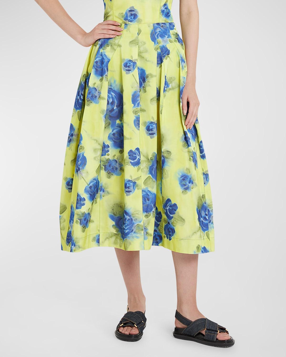 Womens Flared Floral Cotton Midi-Skirt Product Image