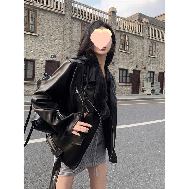 Plain Faux Leather Zip Biker Jacket Product Image