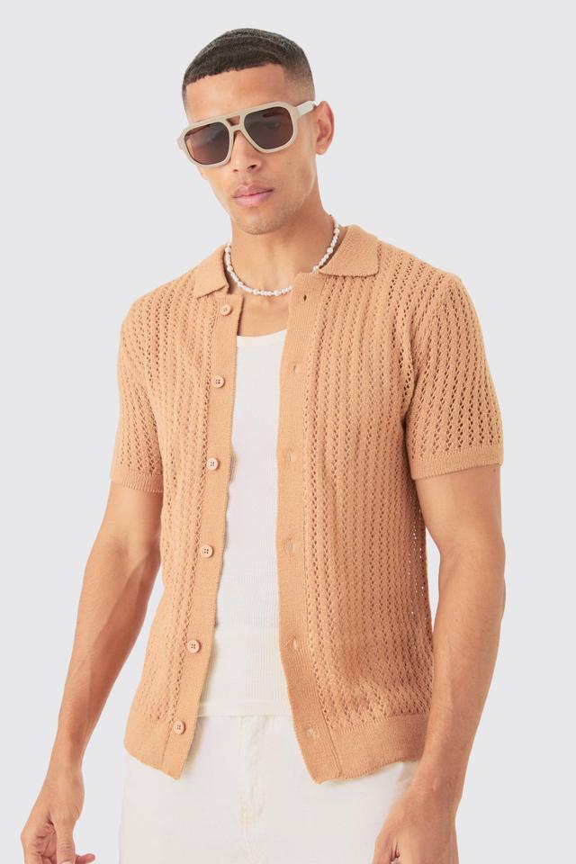 Open Stitch Short Sleeve Knitted Shirt In Taupe | boohooMAN USA Product Image