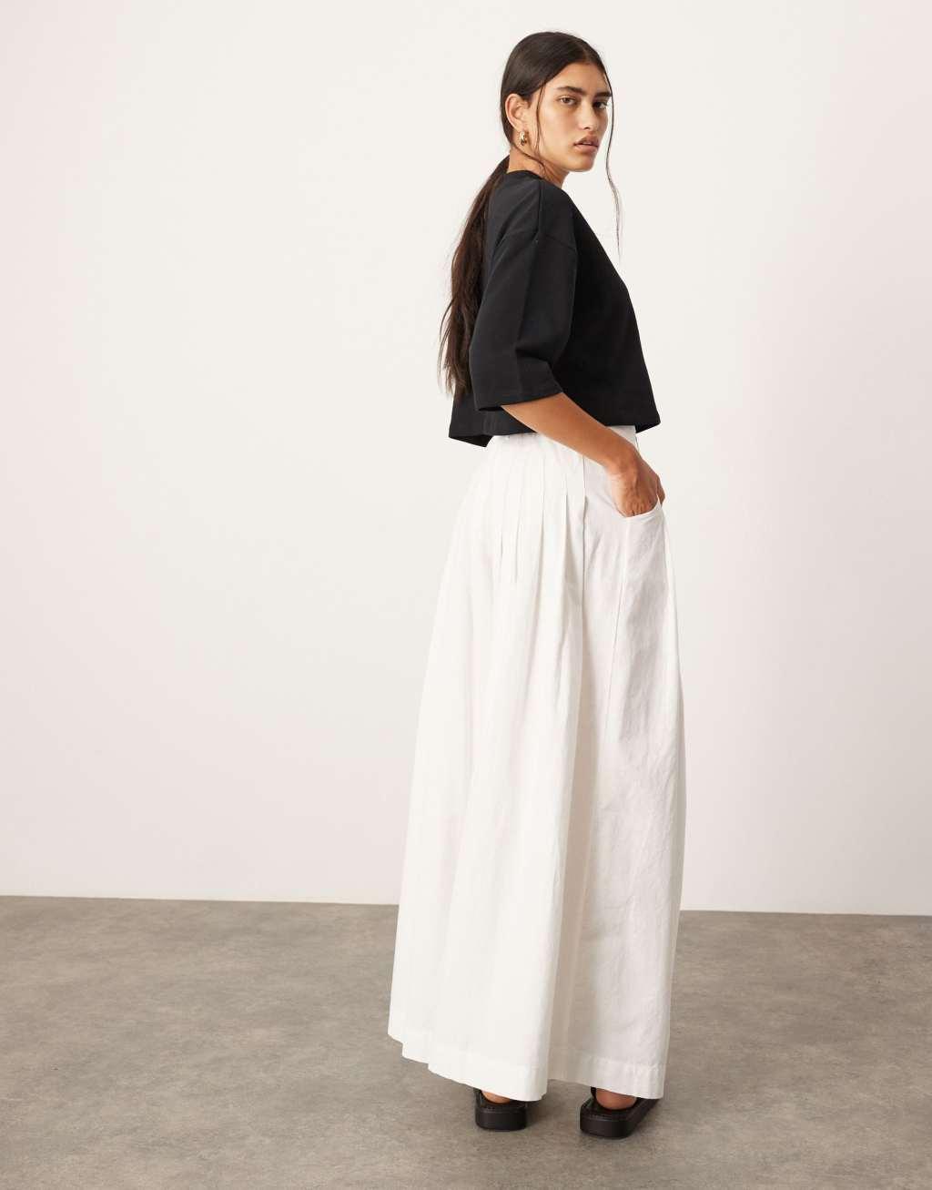 ASOS EDITION ultra wide leg linen mid rise pleat front pants in white Product Image