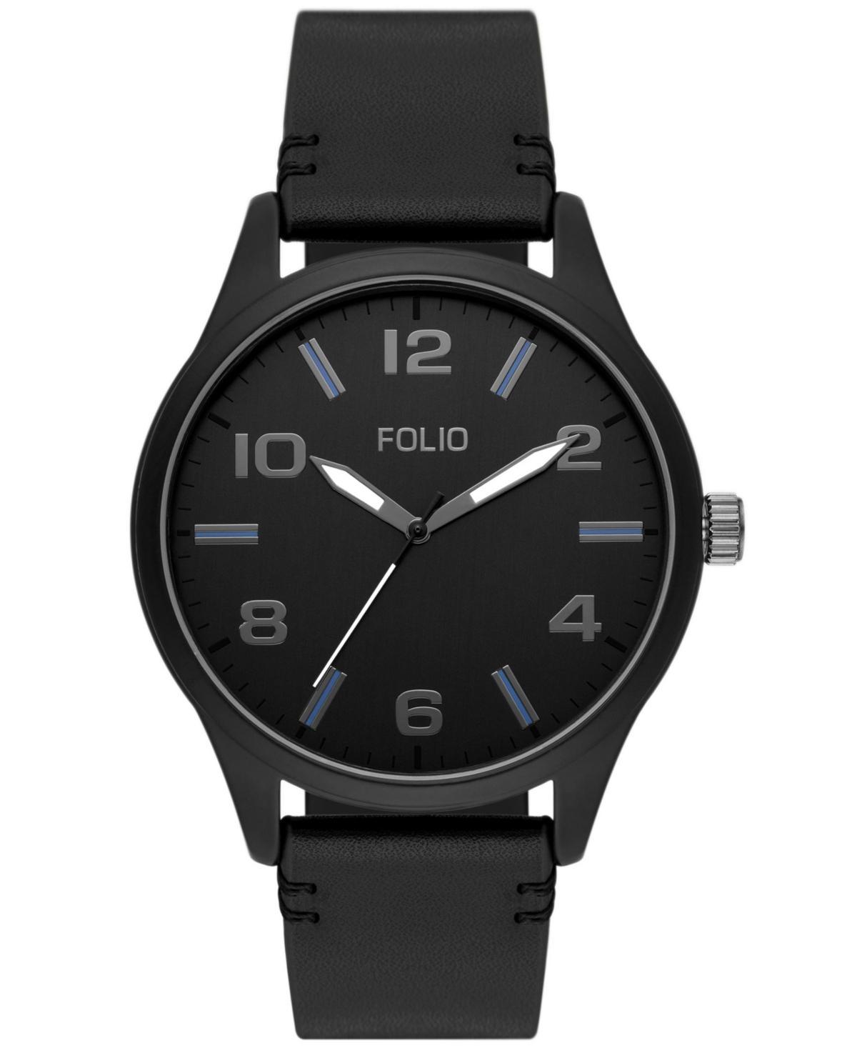 Folio Mens Three Hand Black Faux Leather Polyurethane Watch 45mm - Black Product Image