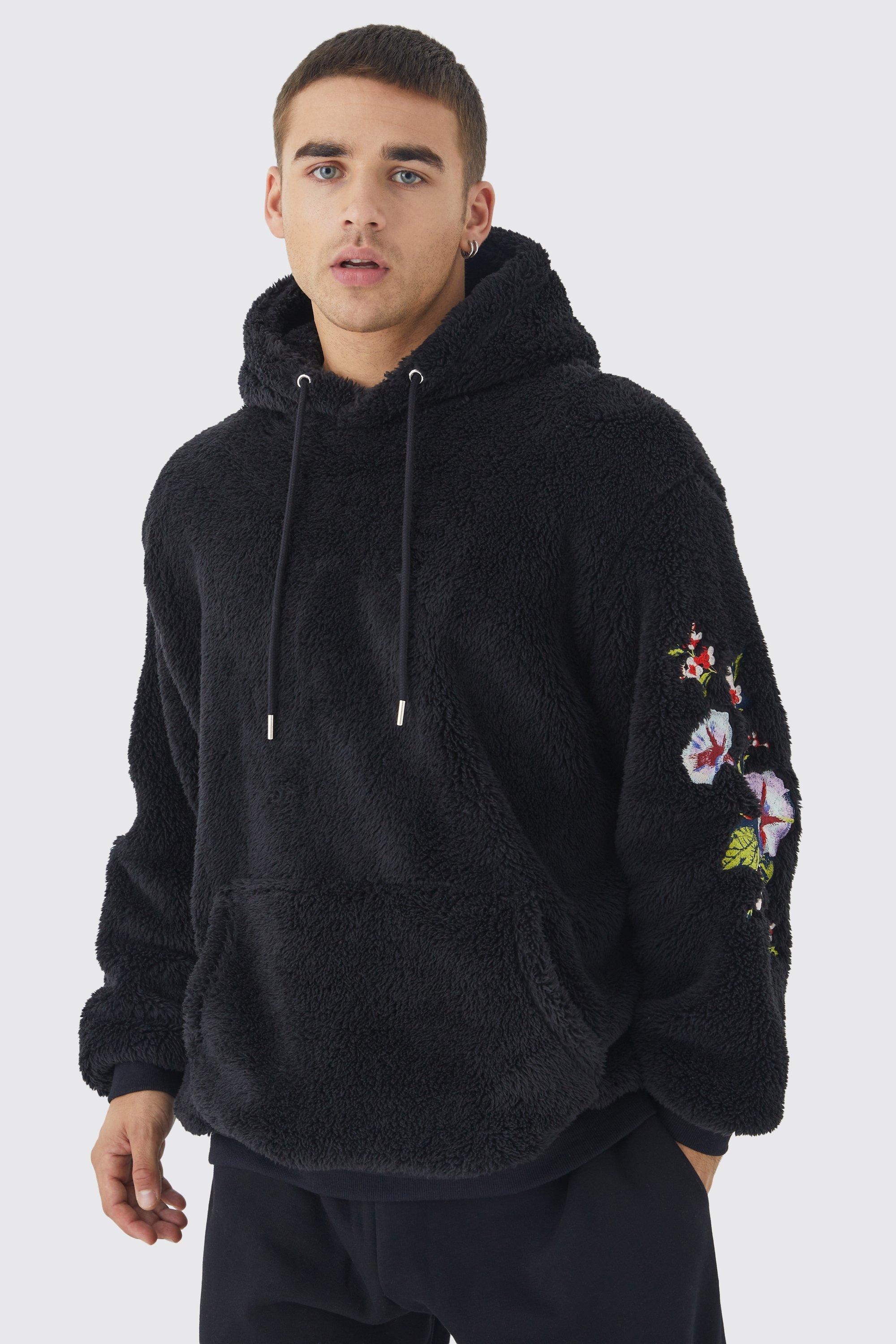 Oversized Borg Hoodie With Floral Embroidery | boohooMAN USA Product Image