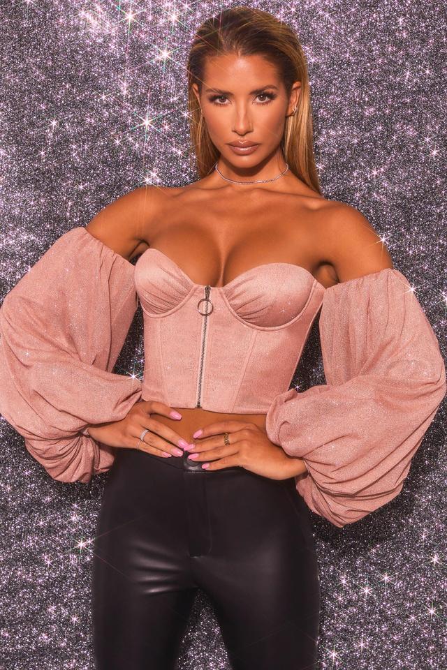 Keep On Shining Bardot Puff Sleeve Crop Top in Rose Gold Product Image