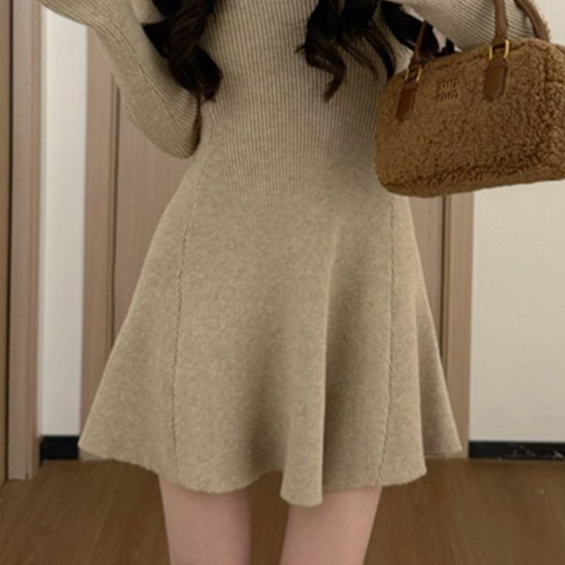 Long Sleeve V-Neck Plain Ribbed Knit Mini A-Line Dress Product Image