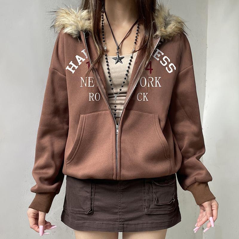 Fluffy Trim Lettering Zip Up Hoodie product image