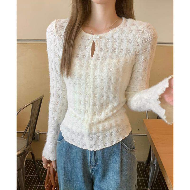 Bell Sleeve Plain Bow Accent Plain Cut-Out Slim-Fit Knit Top Product Image