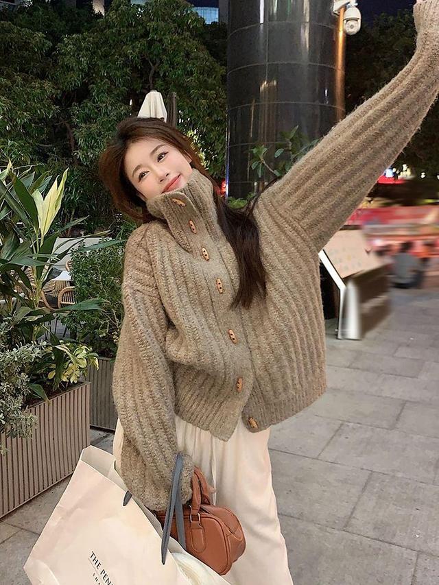 Turtleneck Plain Button Ribbed Knit Toggle Cardigan Product Image