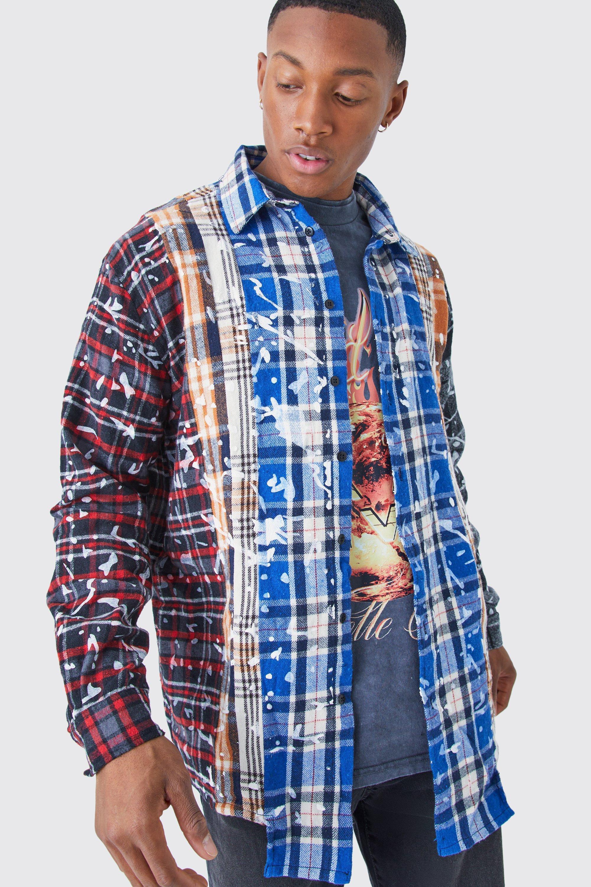 Oversized Asymmetric Paint Checked Shirt | boohooMAN USA Product Image