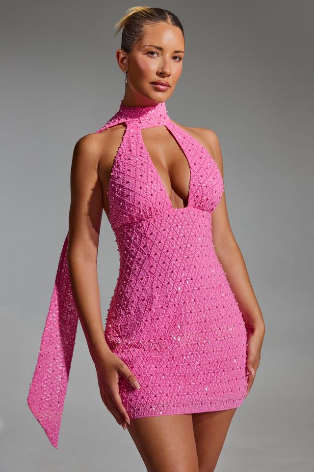 Embellished Scarf-Detail Halterneck Mini Dress in Hot Pink Product Image