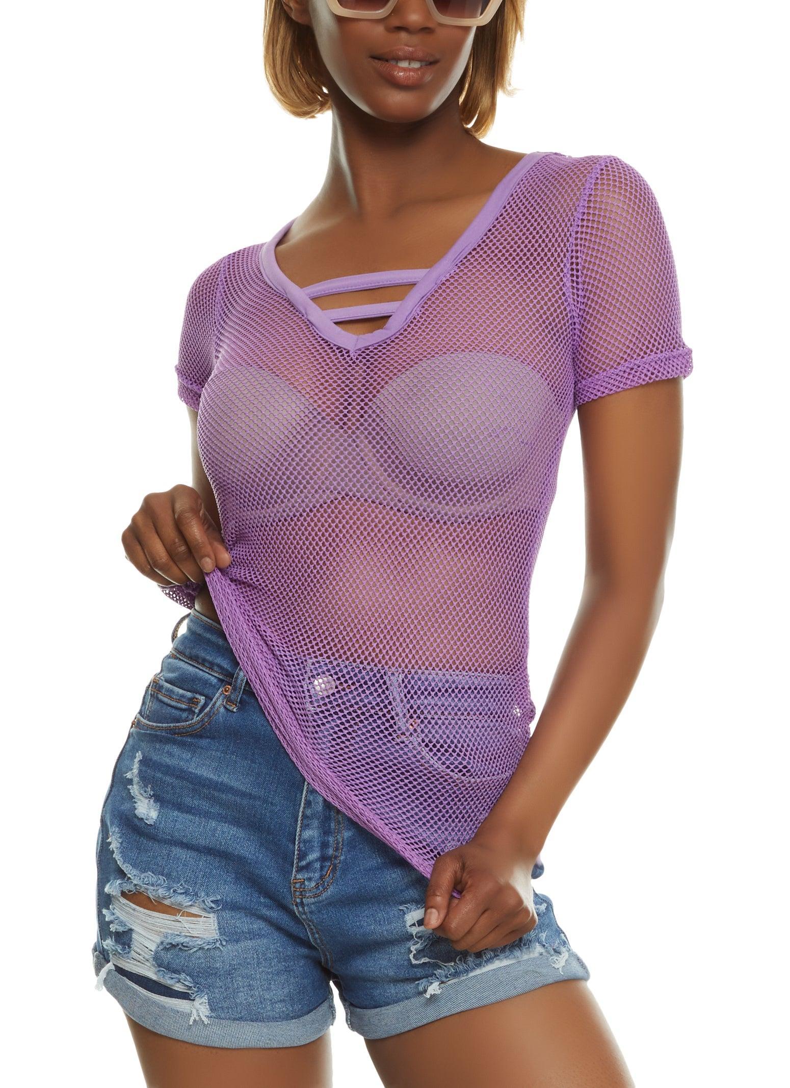 Womens Fishnet Caged V Short Sleeve Top Product Image