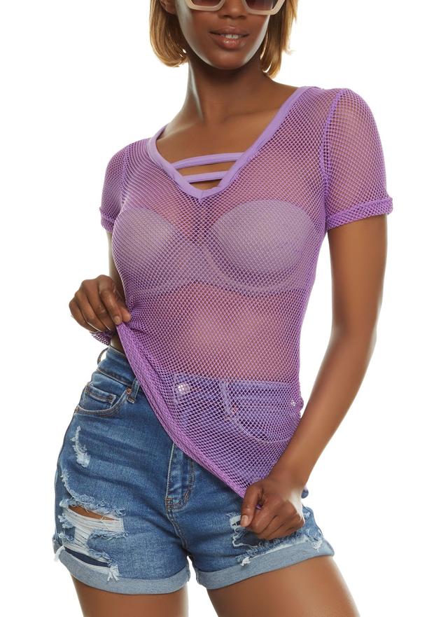 Womens Fishnet Caged V Short Sleeve Top Product Image