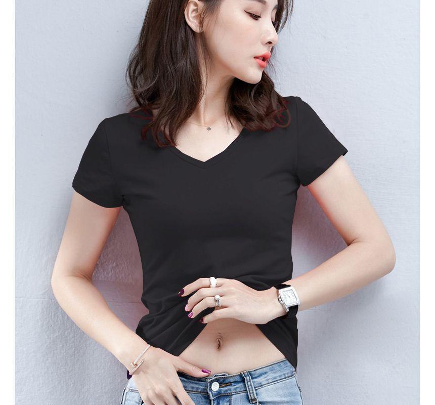 Short-Sleeve V-Neck Plain Top Product Image