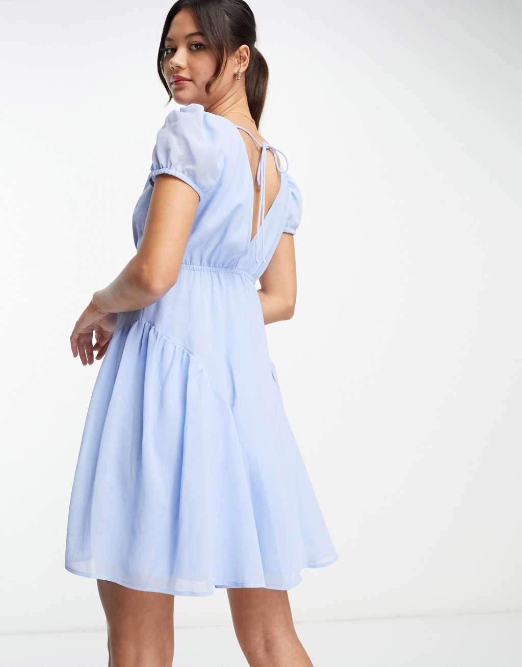 ASOS DESIGN short sleeve V-neck chiffon mini dress in cornflower blue Product Image