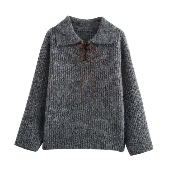 Collared Plain Lace-Up Sweater Product Image