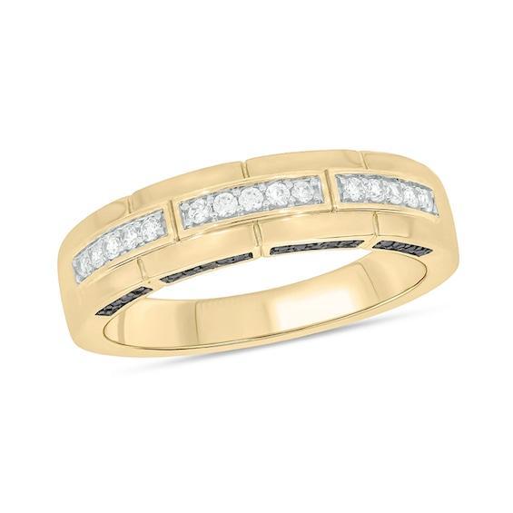 Men's 1/3 CT. T.w. Black and White Diamond Grooved Ring in Sterling Silver with 14K Gold Plate Product Image