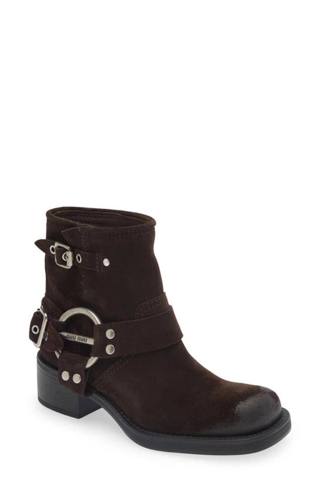 Suede Harness Biker Ankle Booties In Moro Product Image