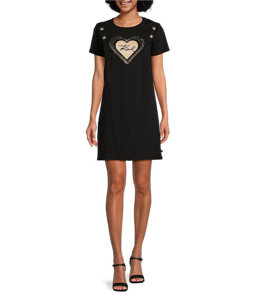 KARL LAGERFELD PARIS Karl Heart Logo Button Detail Crew Neck Short Sleeve Shirt Dress Product Image