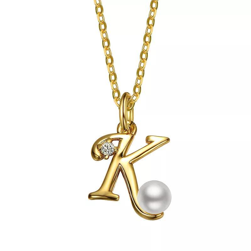 14k Gold Plated Simulated Pearl Initial Pendant Necklace, Womens Yellow Product Image