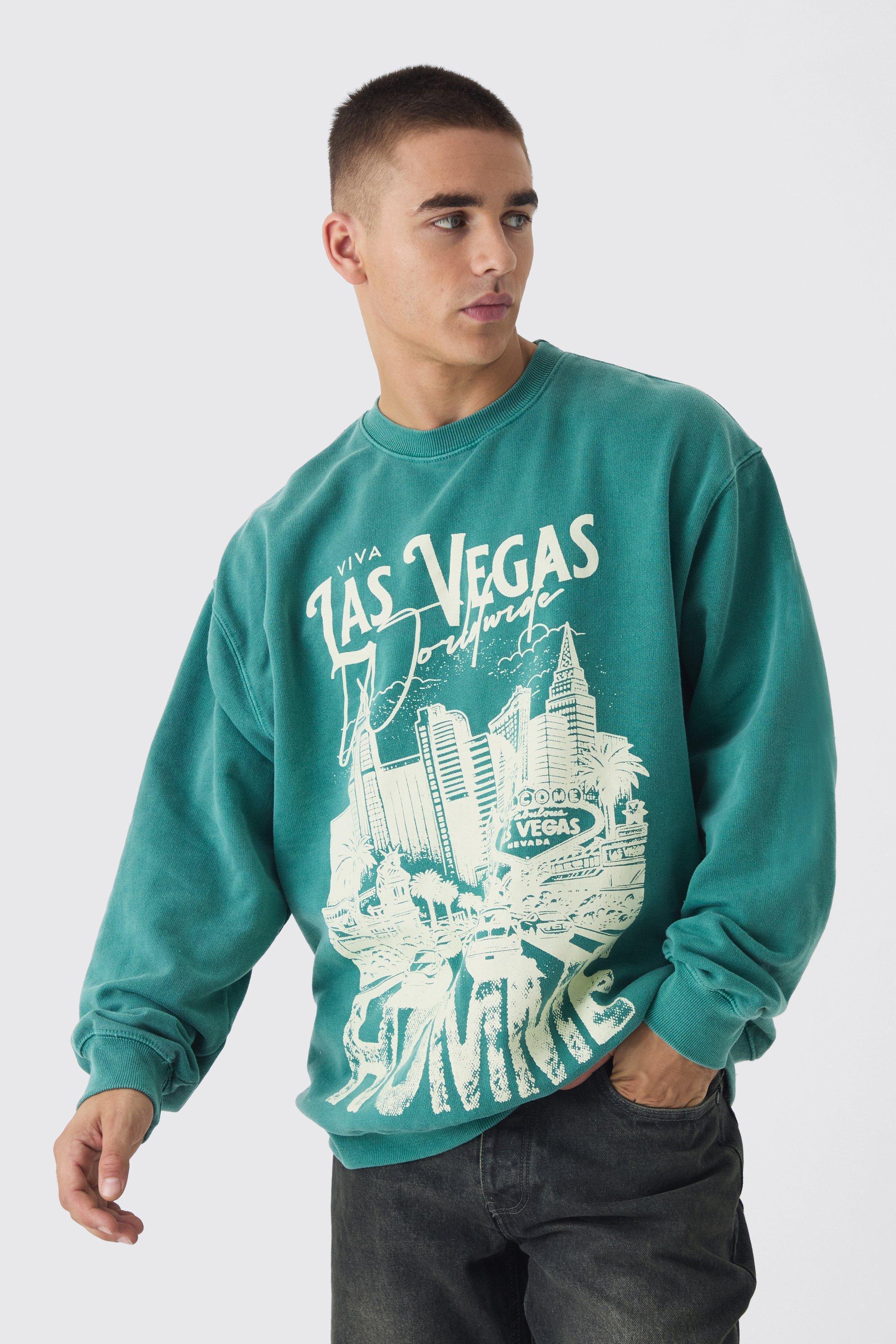 Mens Green Boxy Las Vegas Print Washed Sweatshirt, Green Product Image