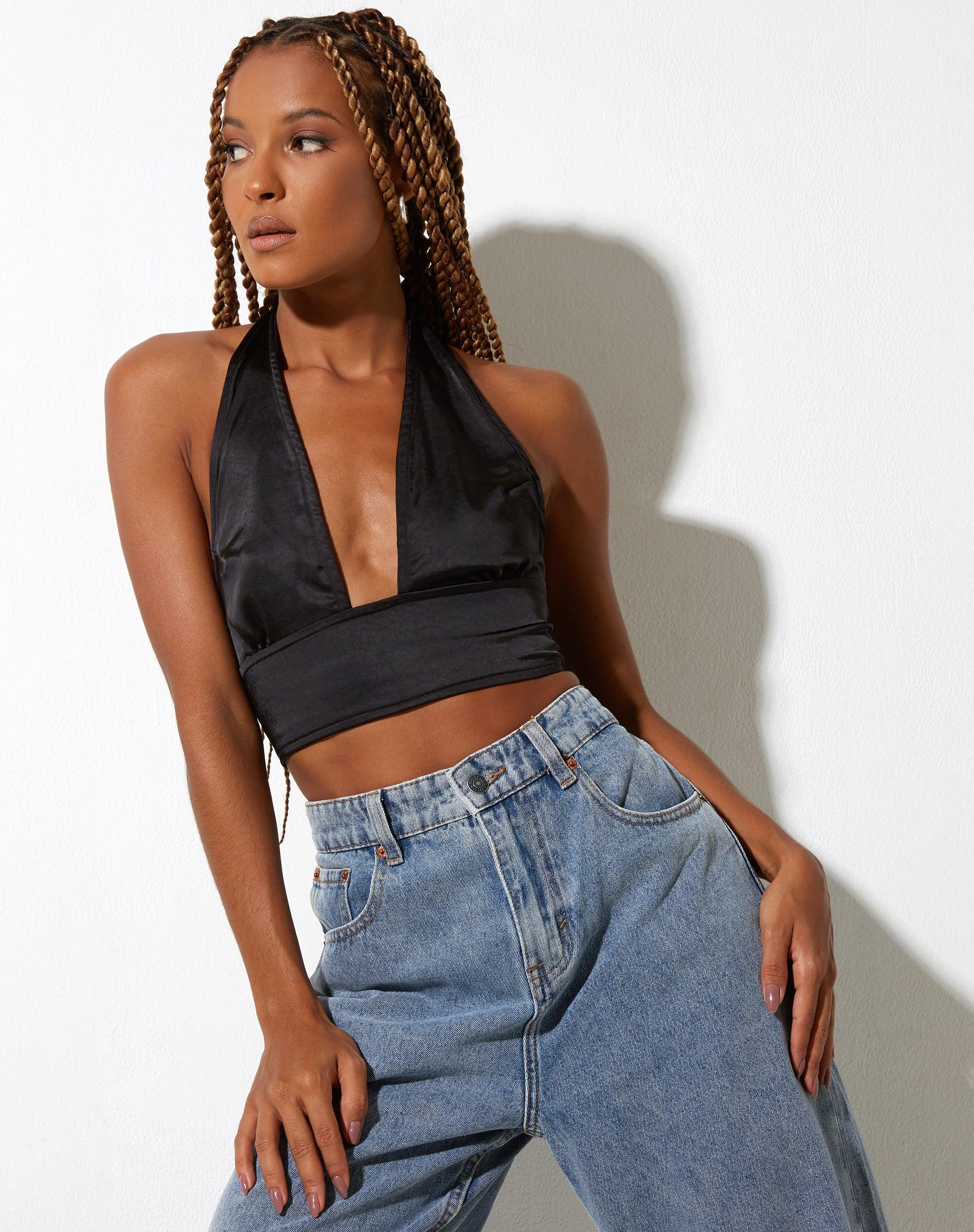 Keiza Crop Top in Satin Black Product Image