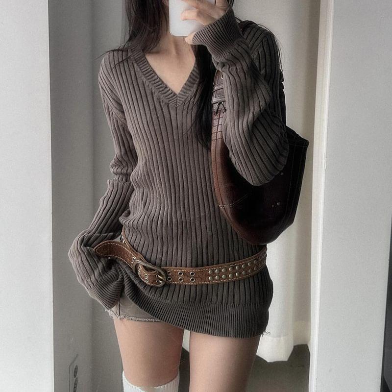 Long Sleeve V-Neck Plain Ribbed-Knit Slim-Fit Sweater product image