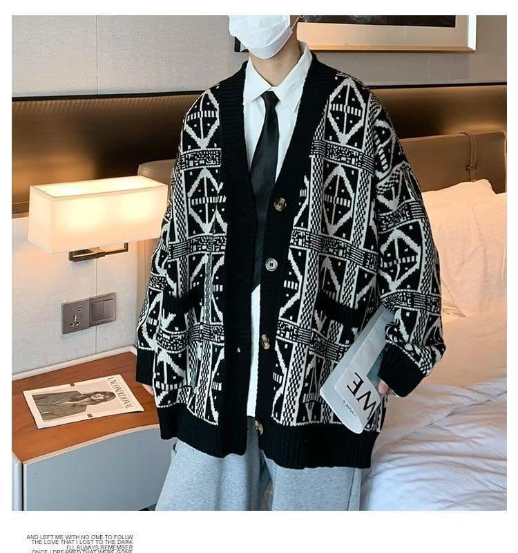 V-Neck Patterned Contrast Trim Button-Up Cardigan Product Image